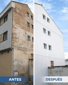 Antes y después de la rehabilitación de una fachada en Fuenlabrada, Madrid, con panel sándwich blanco